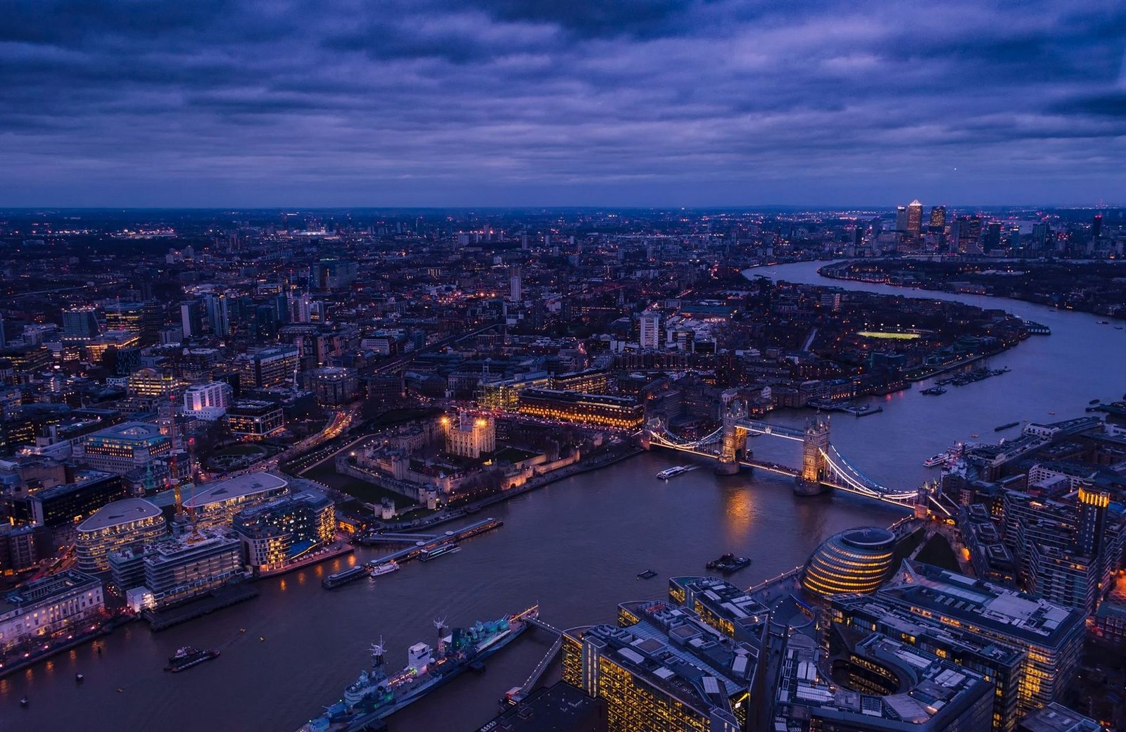 Tower Bridge and the Thames from above at dusk