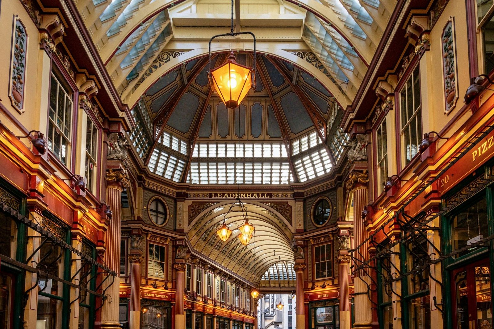 Painted glass roof and shopfronts of Leadenhall Market