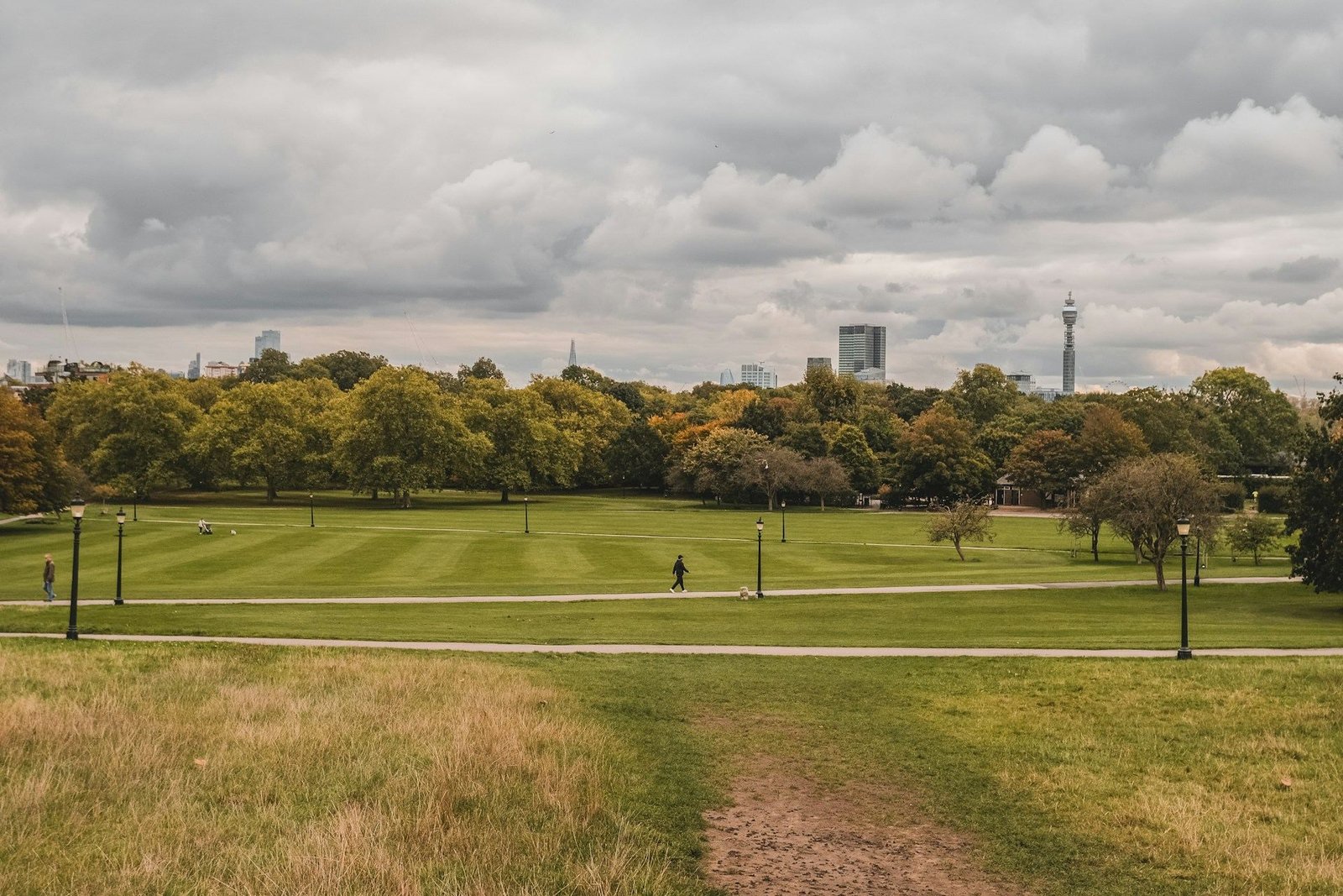 Open parkland with the London skyline on the horizon