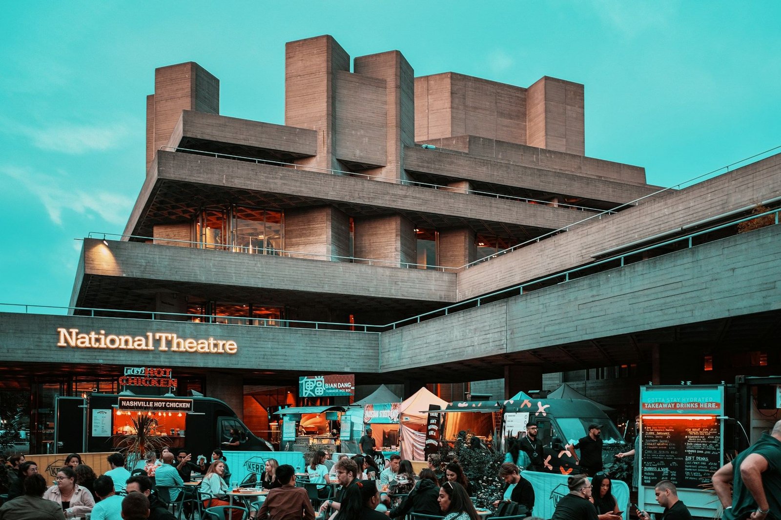 National Theatre on the South Bank with food stalls in front