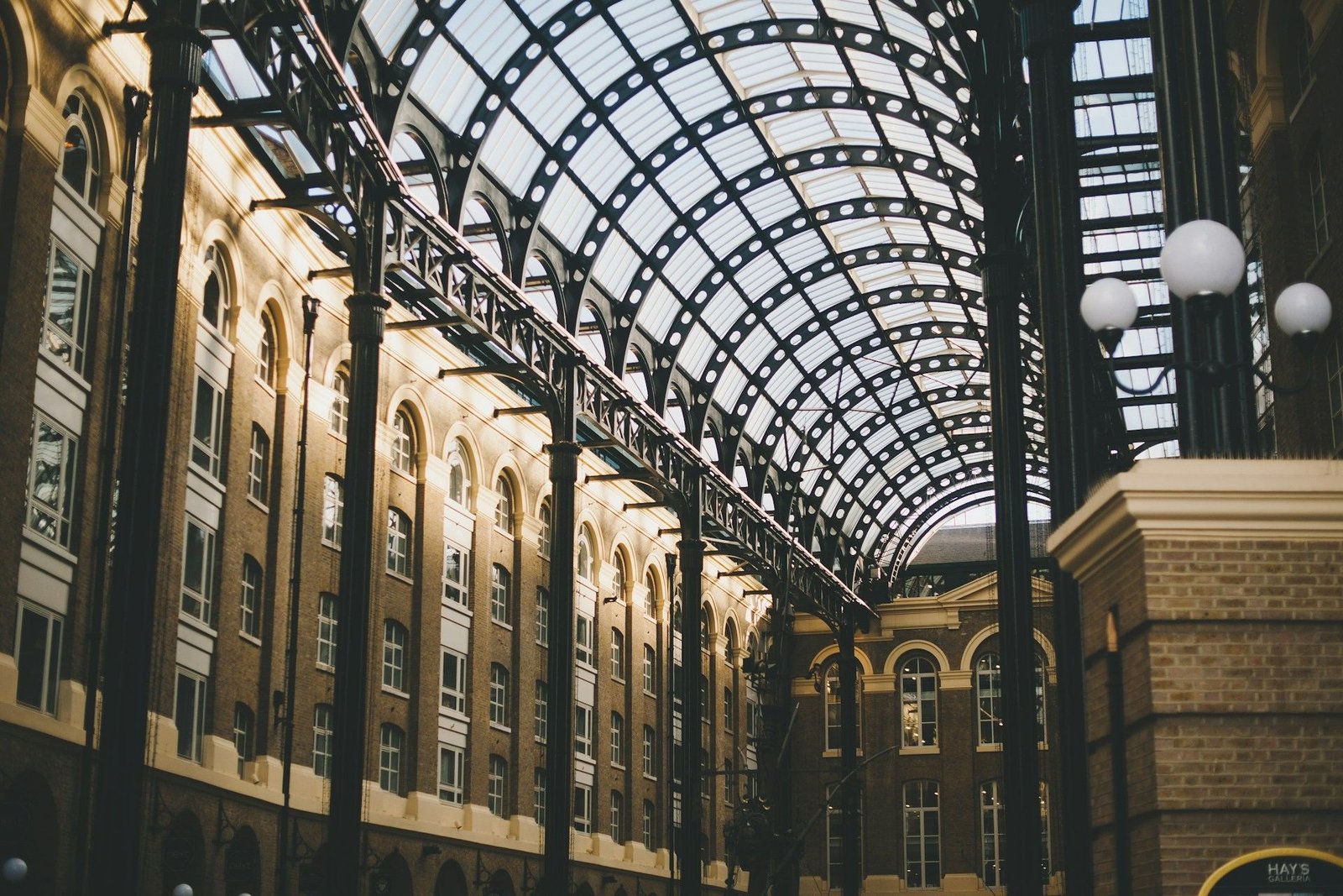 Arched glass roof of Hay’s Galleria near London Bridge