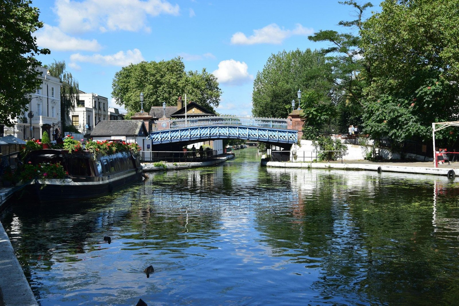 Little Venice canal basin with a blue footbridge
