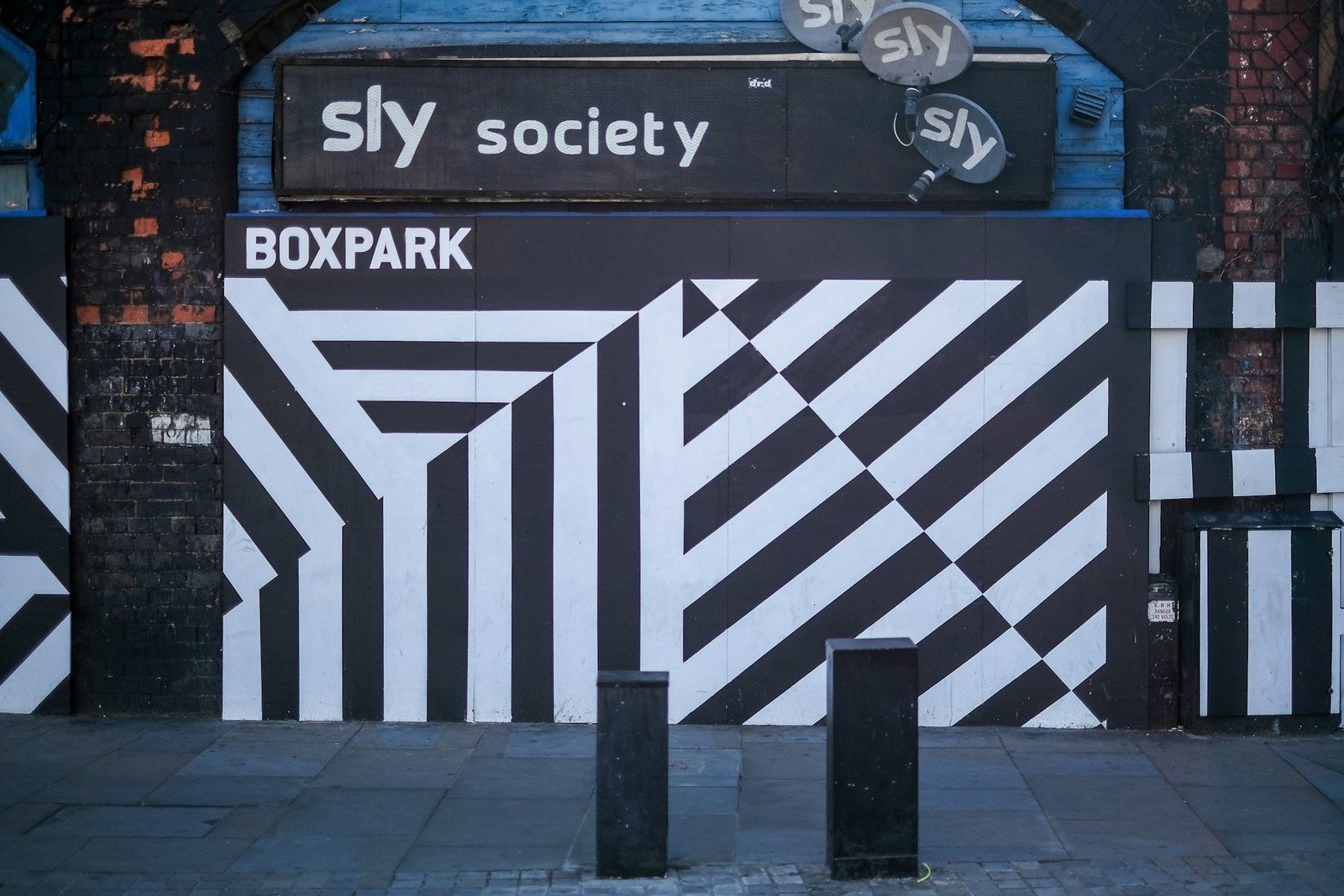 Black and white striped wall of Boxpark Shoreditch