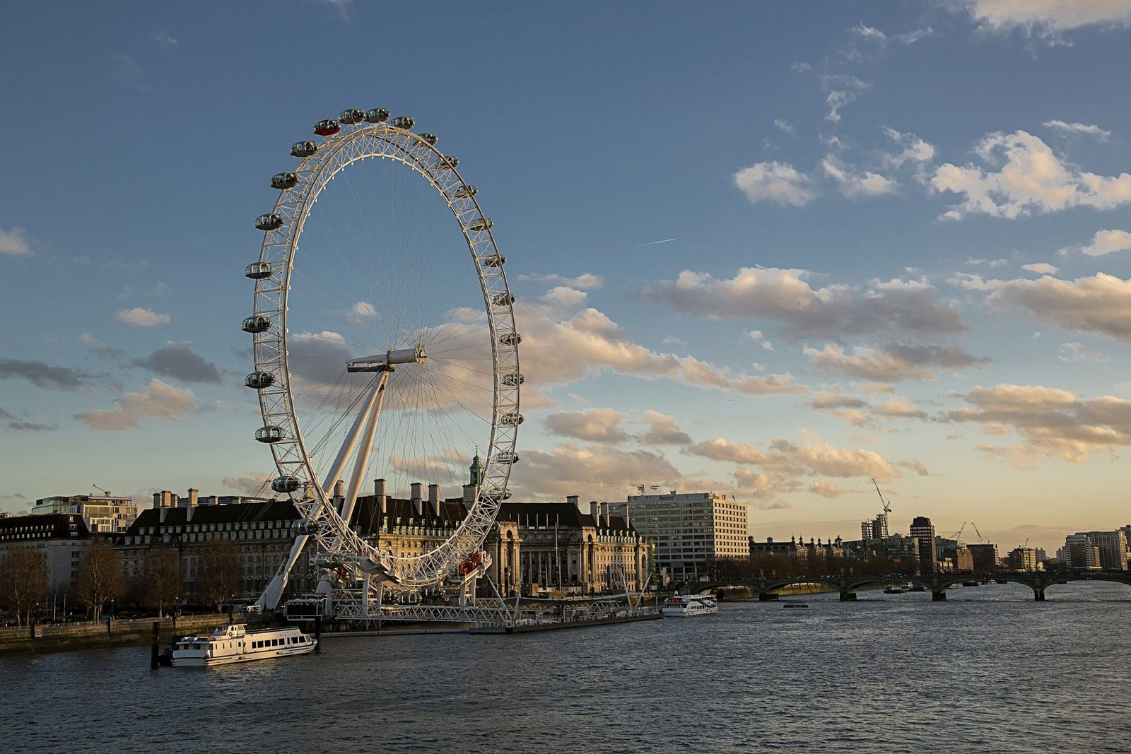 London Eye and County Hall on the Thames at sunset