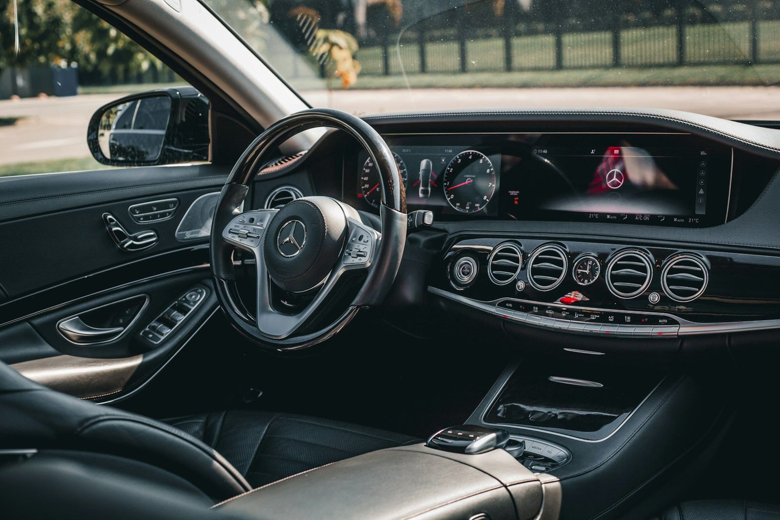 Driver’s seat and dashboard of a Mercedes S-Class