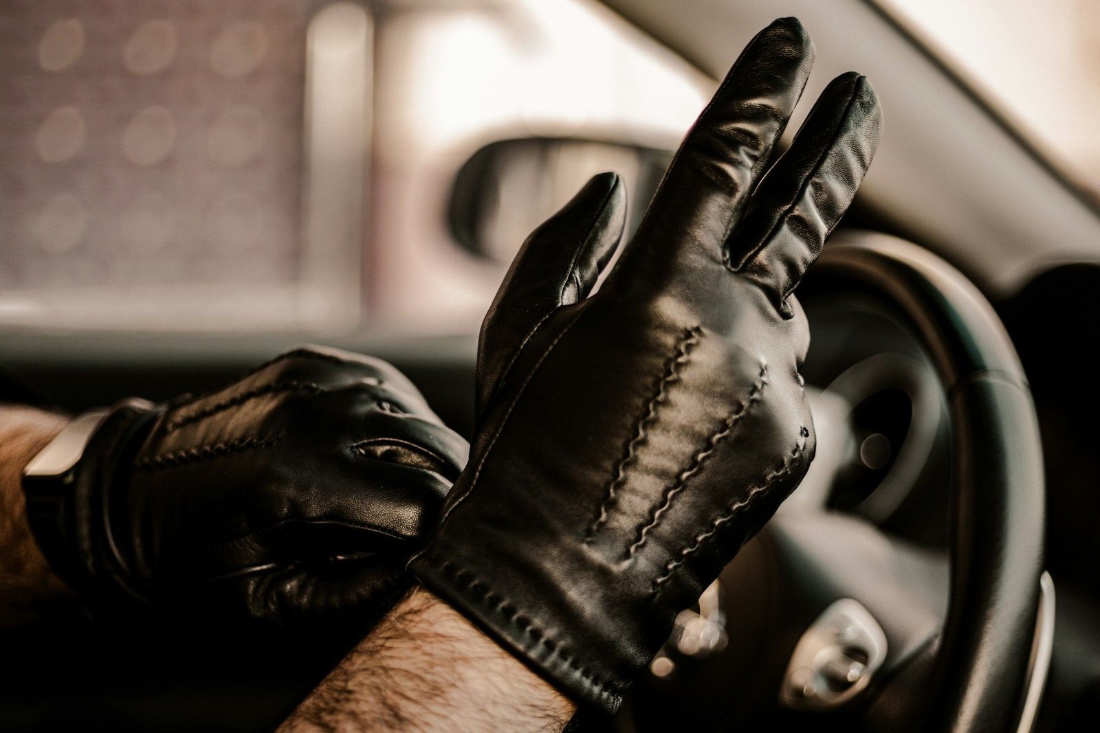 Chauffeur in black leather gloves holding a steering wheel