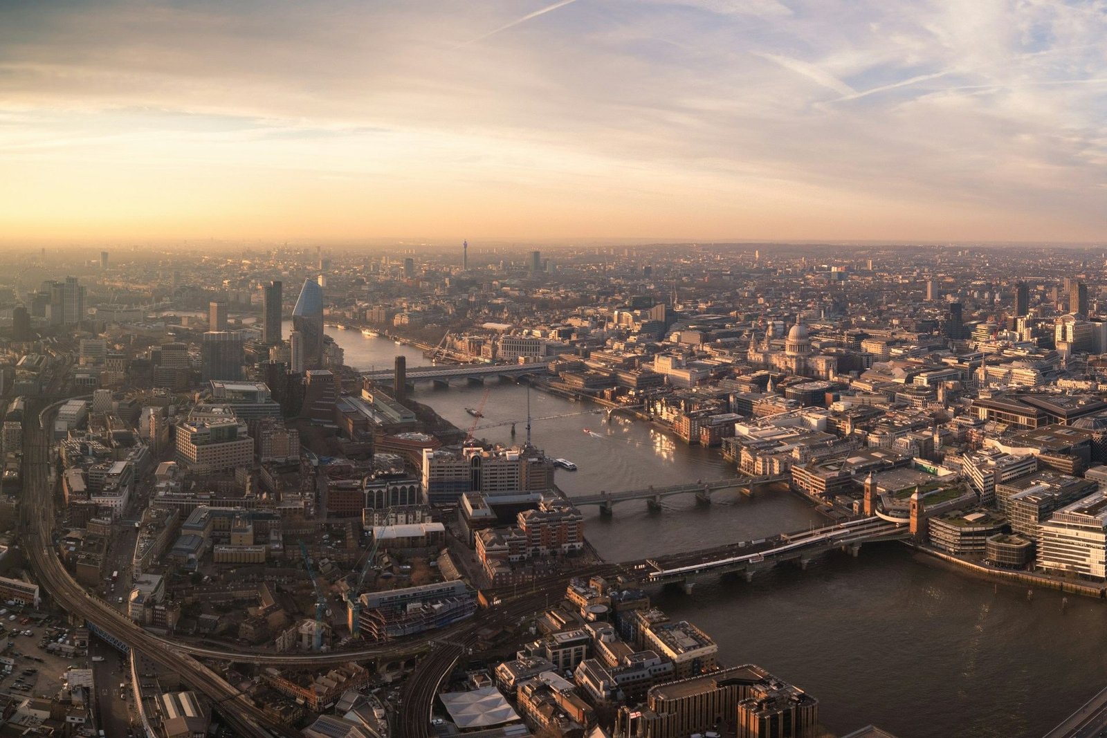 Aerial view of central London and the Thames at sunrise