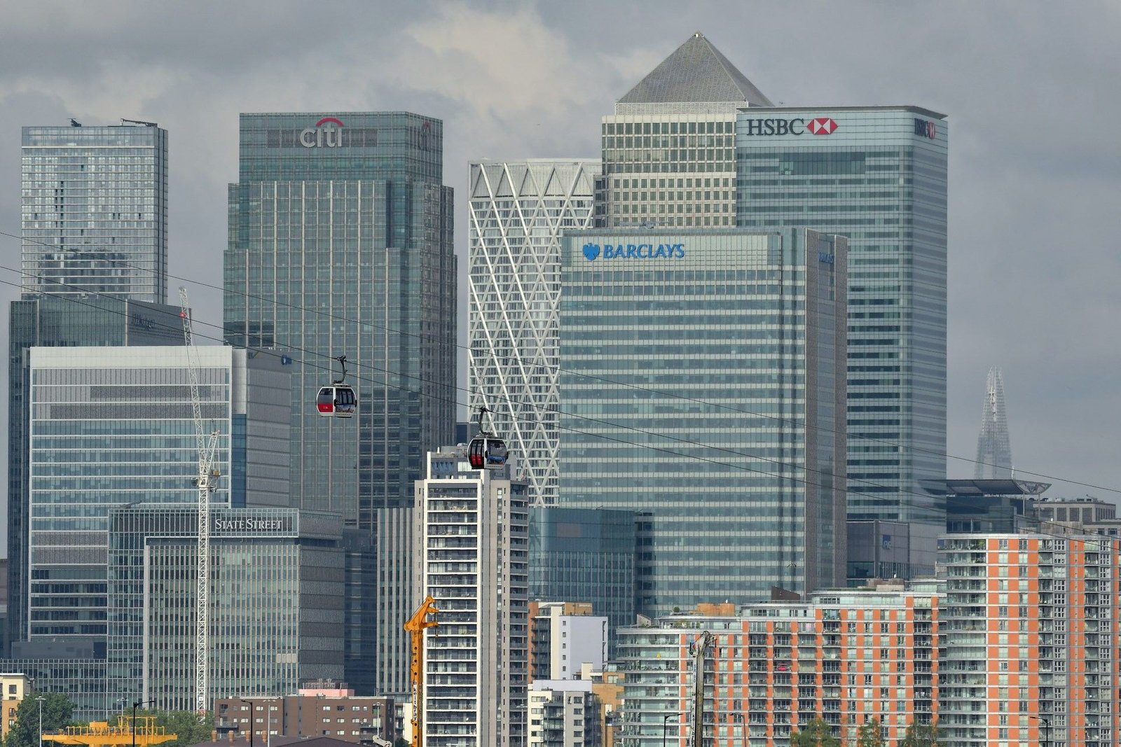 Canary Wharf office towers and cable car