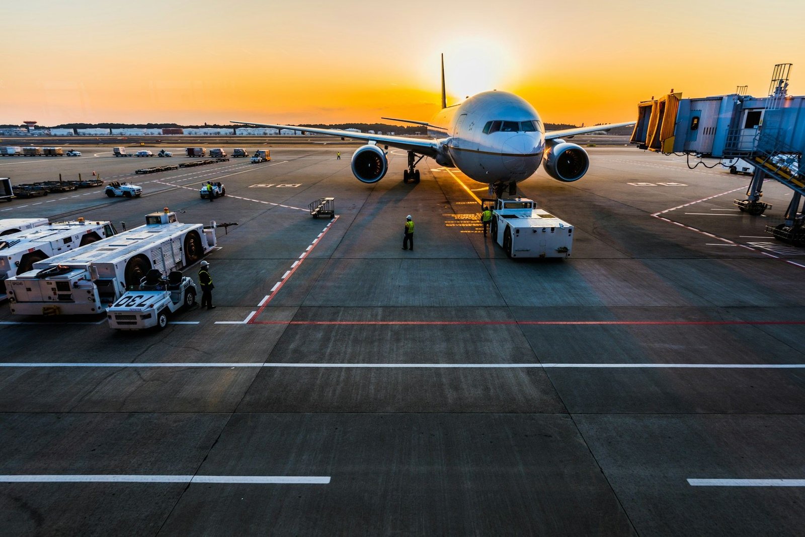 Wide-body jet at an airport stand at sunset