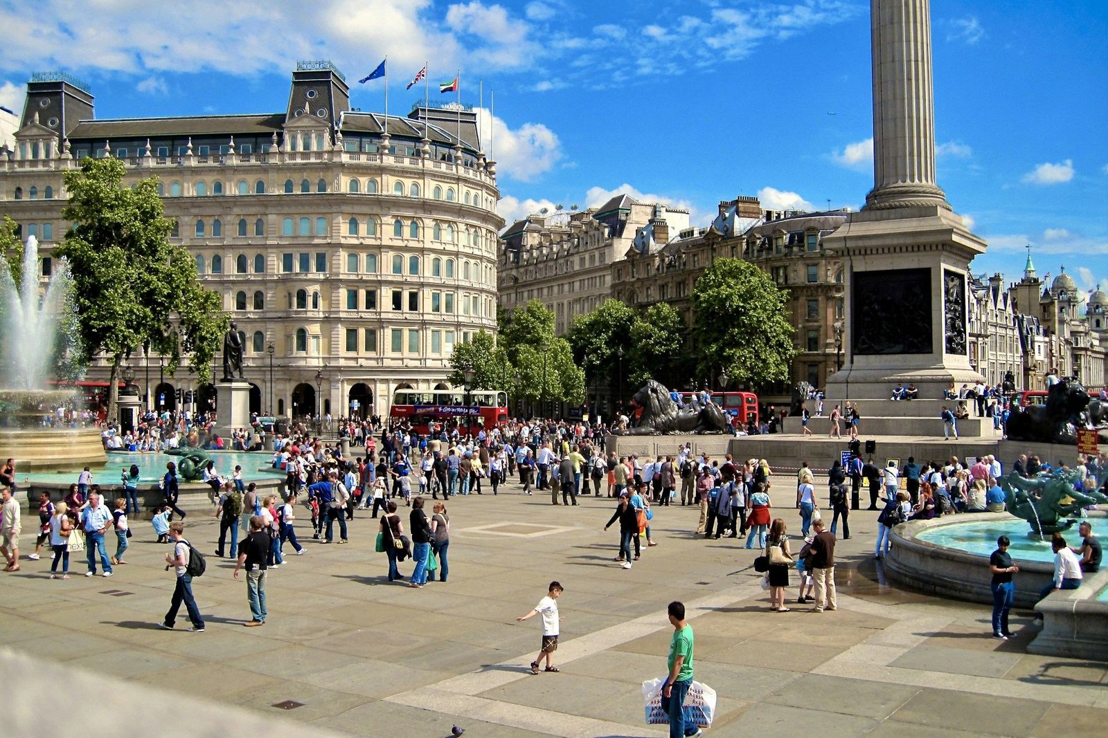 Trafalgar Square fountains and Nelson’s Column on a sunny day