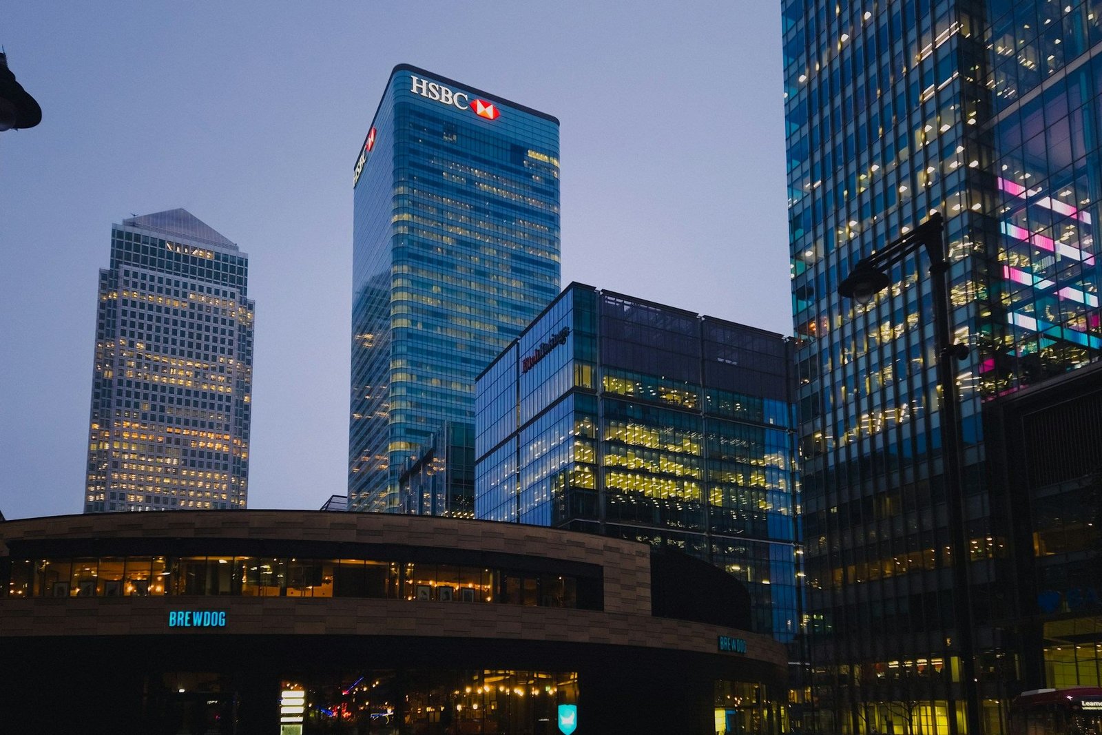 Canary Wharf towers lit up at dusk