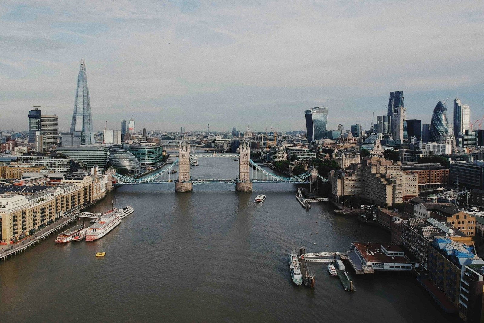 Tower Bridge and the City skyline from above the Thames